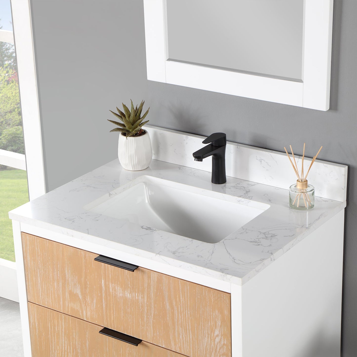 Dione 30" Single Bathroom Vanity in Weathered Pine with Carrara White Composite Stone Countertop with Mirror