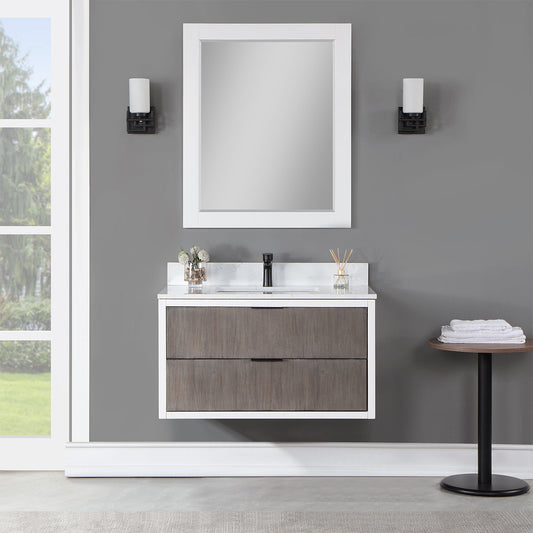 Dione 36" Single Bathroom Vanity in Classical Gray with Carrara White Composite Stone Countertop with Mirror