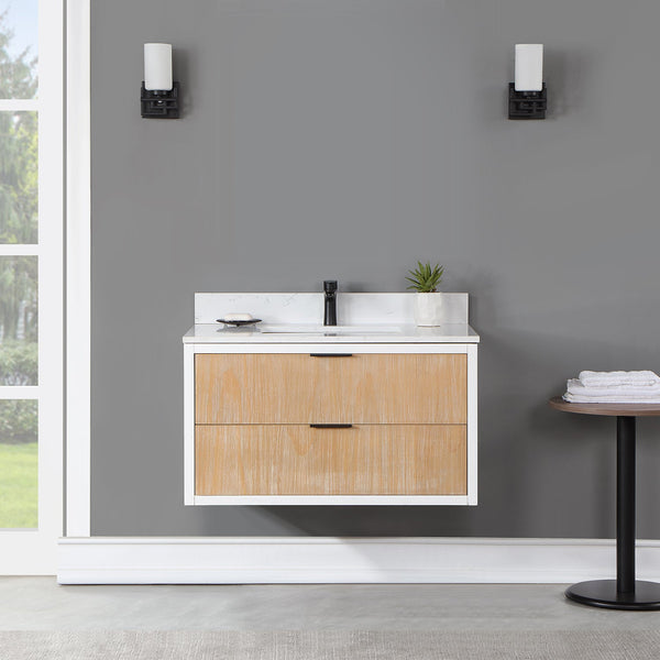 Dione 36 Single Bathroom Vanity in Weathered Pine with Carrara White Composite Stone Countertop without Mirror