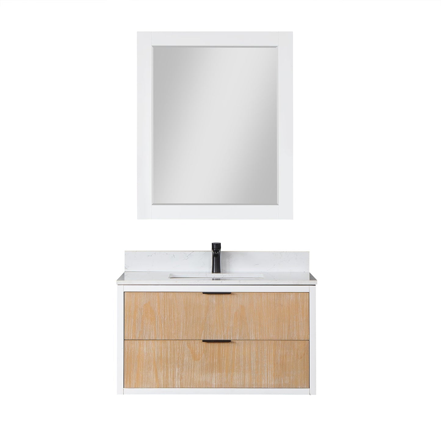 Dione 36" Single Bathroom Vanity in Weathered Pine with Carrara White Composite Stone Countertop with Mirror