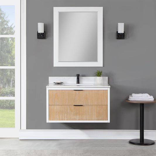 Dione 36" Single Bathroom Vanity in Weathered Pine with Carrara White Composite Stone Countertop with Mirror