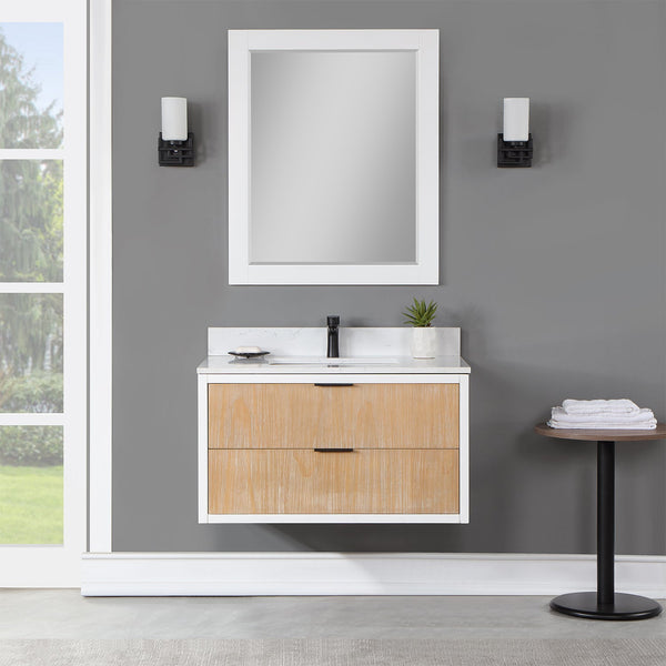 Dione 36 Single Bathroom Vanity in Weathered Pine with Carrara White Composite Stone Countertop with Mirror