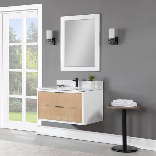 Dione 36" Single Bathroom Vanity in Weathered Pine with Carrara White Composite Stone Countertop with Mirror