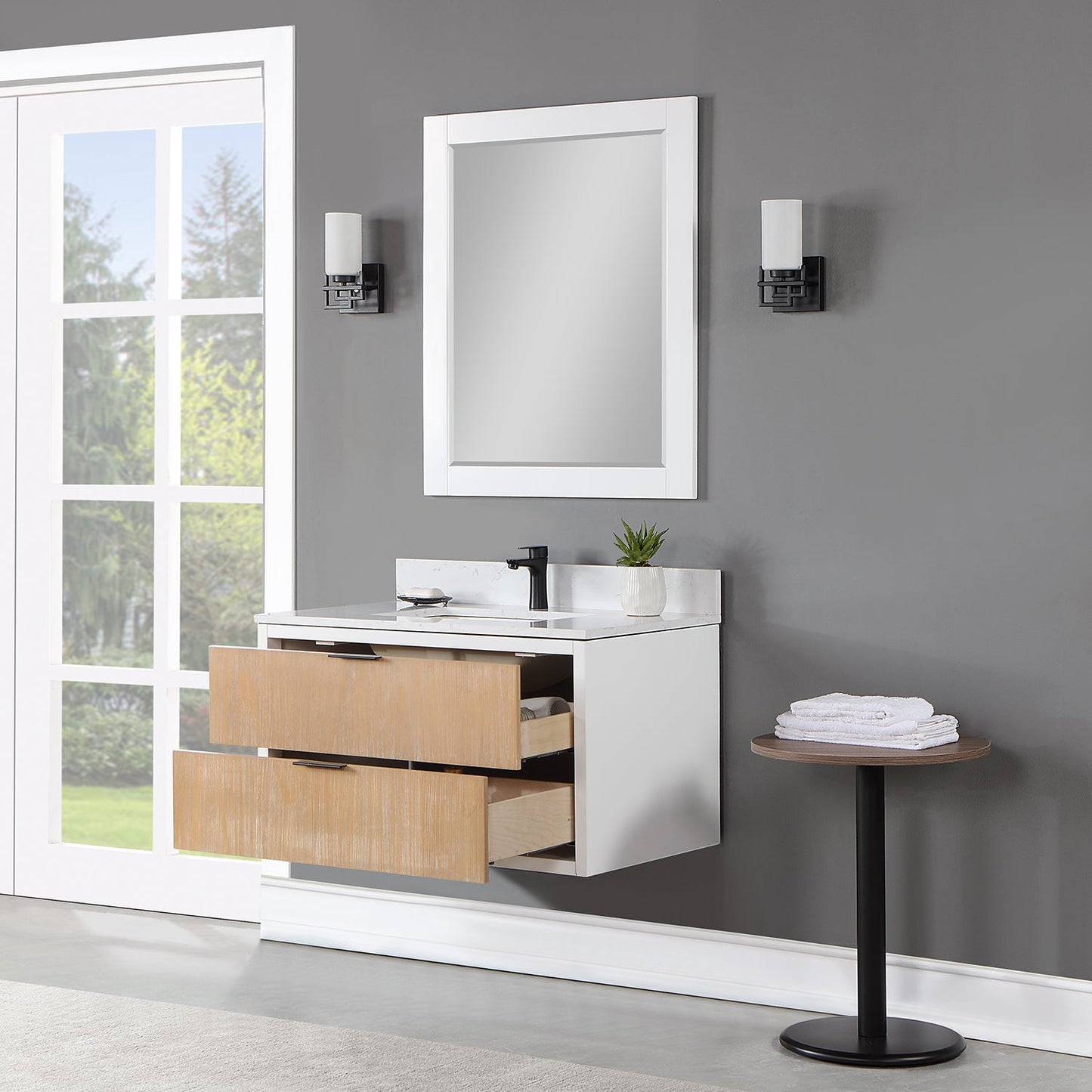 Dione 36" Single Bathroom Vanity in Weathered Pine with Carrara White Composite Stone Countertop with Mirror