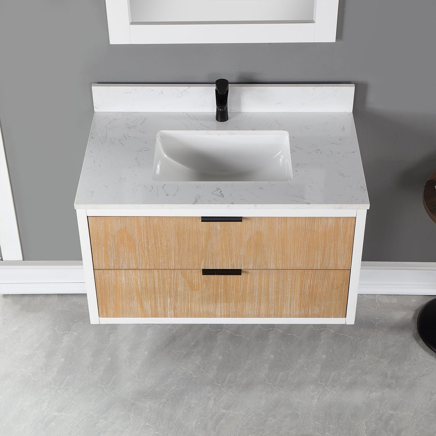 Dione 36" Single Bathroom Vanity in Weathered Pine with Carrara White Composite Stone Countertop with Mirror