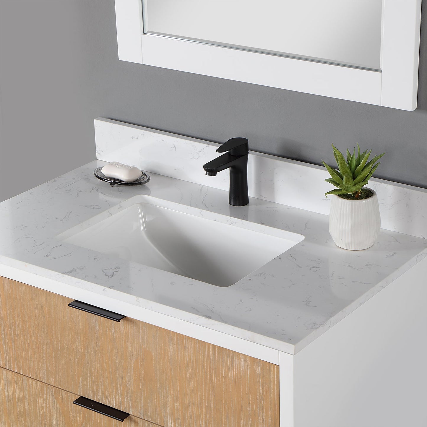 Dione 36" Single Bathroom Vanity in Weathered Pine with Carrara White Composite Stone Countertop with Mirror