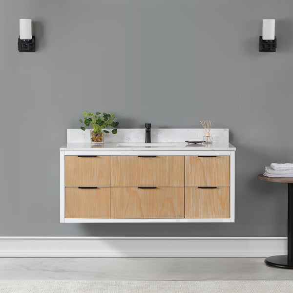 Dione 48 Single Bathroom Vanity in Weathered Pine with Carrara White Composite Stone Countertop without Mirror