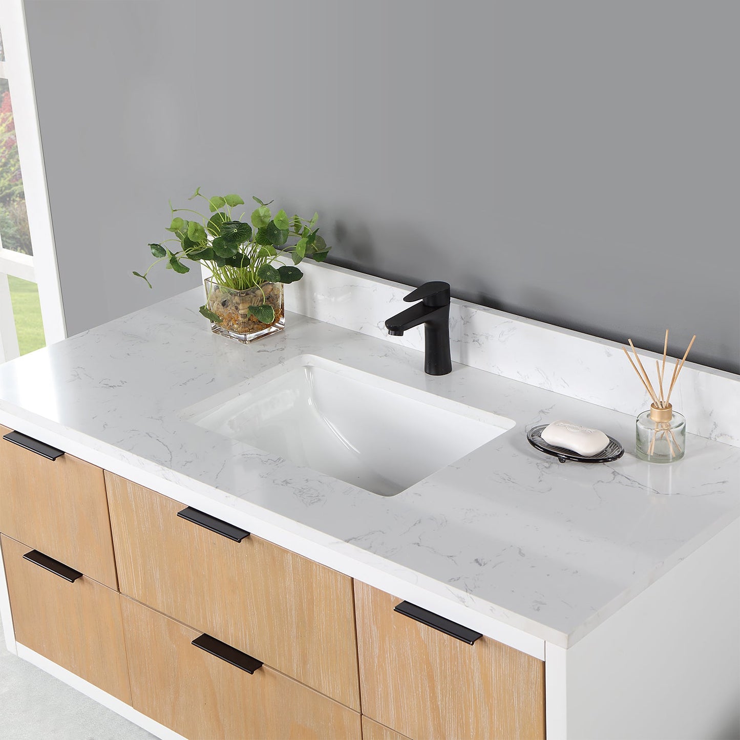 Dione 48" Single Bathroom Vanity in Weathered Pine with Carrara White Composite Stone Countertop without Mirror
