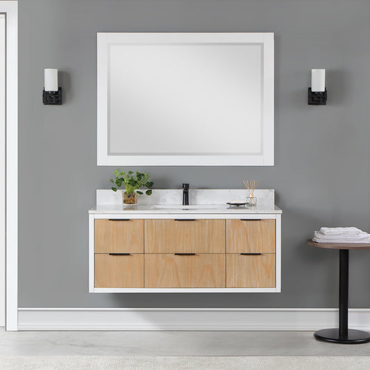 Dione 48" Single Bathroom Vanity in Weathered Pine with Carrara White Composite Stone Countertop with Mirror