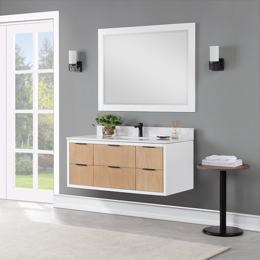 Dione 48" Single Bathroom Vanity in Weathered Pine with Carrara White Composite Stone Countertop with Mirror