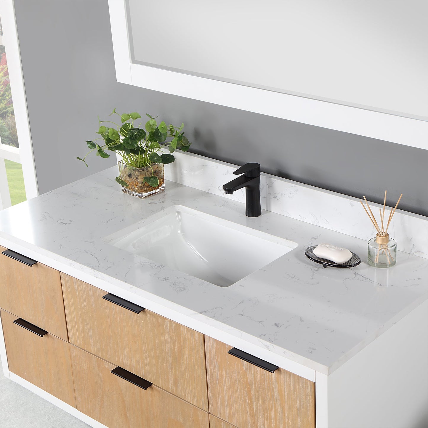 Dione 48" Single Bathroom Vanity in Weathered Pine with Aosta White Composite Stone Countertop with Mirror