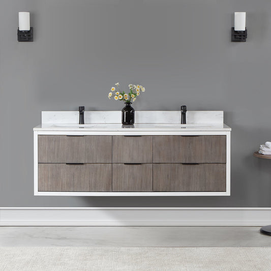 Dione 60" Double Bathroom Vanity in Classical Gray with Carrara White Composite Stone Countertop without Mirror