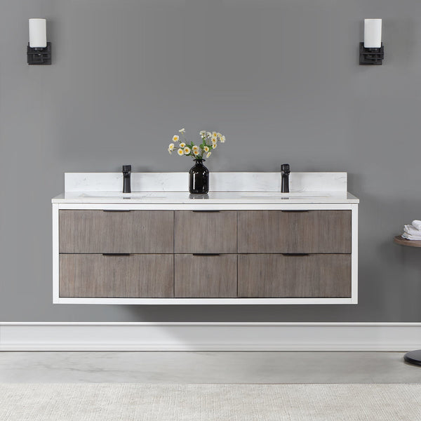 Dione 60 Double Bathroom Vanity in Classical Gray with Carrara White Composite Stone Countertop without Mirror