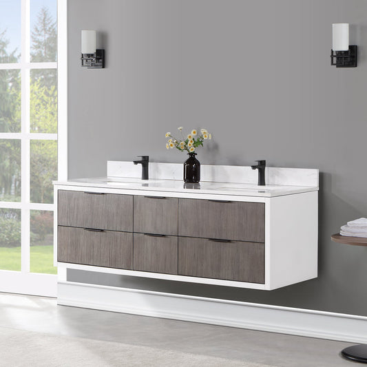 Dione 60" Double Bathroom Vanity in Classical Gray with Carrara White Composite Stone Countertop without Mirror