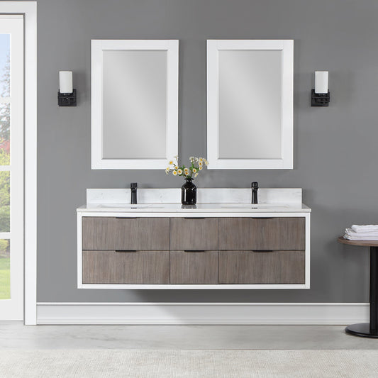 Dione 60" Double Bathroom Vanity in Classical Gray with Carrara White Composite Stone Countertop with Mirror