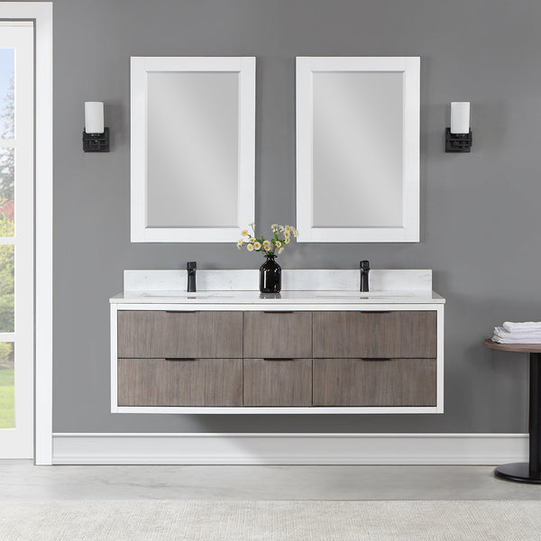 Dione 60 Double Bathroom Vanity in Classical Gray with Carrara White Composite Stone Countertop with Mirror