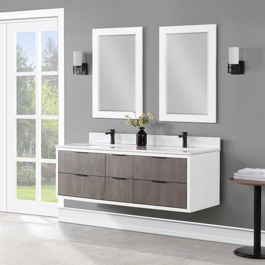 Dione 60" Double Bathroom Vanity in Classical Gray with Carrara White Composite Stone Countertop with Mirror