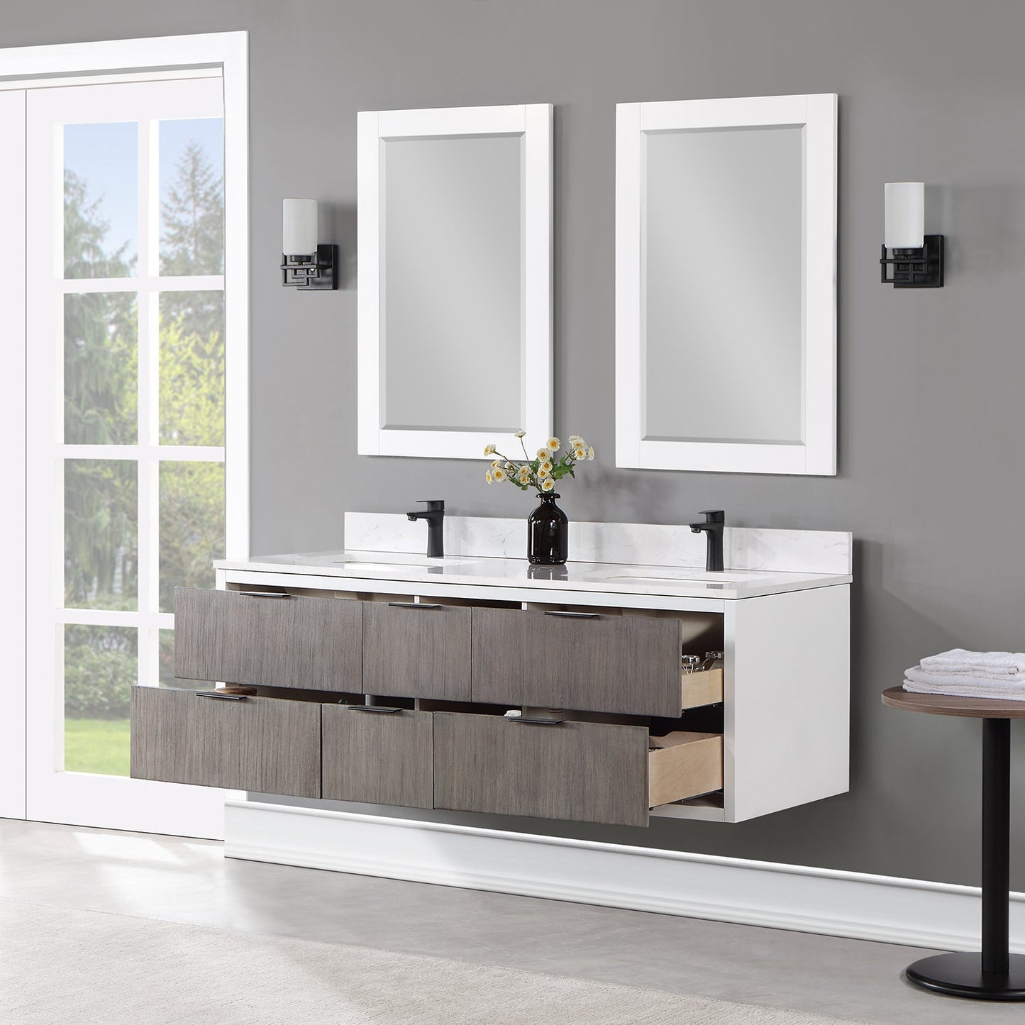 Dione 60" Double Bathroom Vanity in Classical Gray with Carrara White Composite Stone Countertop with Mirror