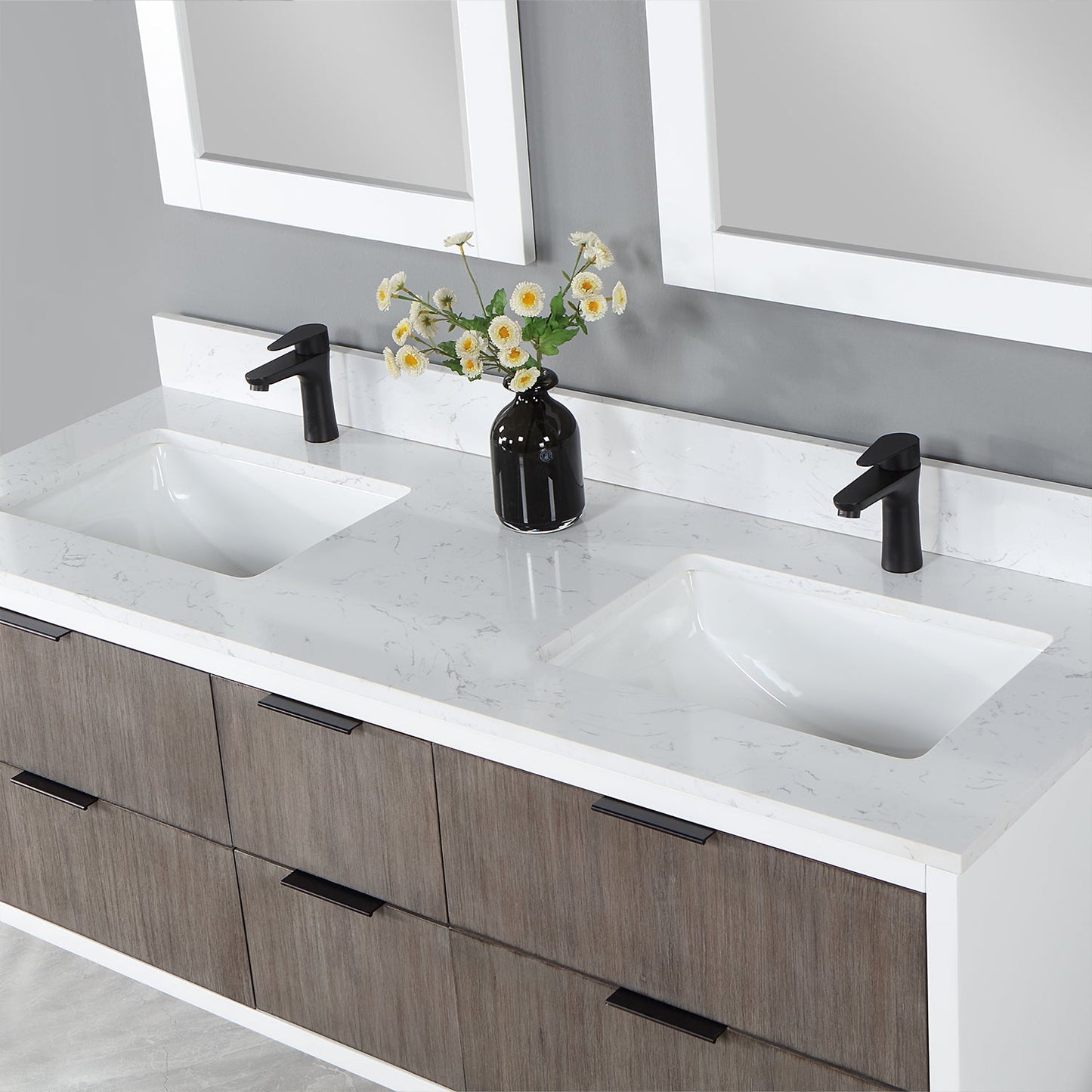 Dione 60" Double Bathroom Vanity in Classical Gray with Carrara White Composite Stone Countertop with Mirror