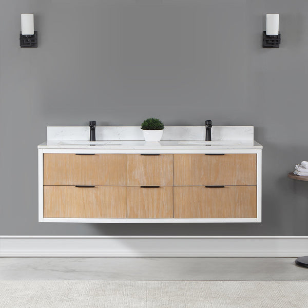 Dione 60 Double Bathroom Vanity in Weathered Pine with Carrara White Composite Stone Countertop without Mirror
