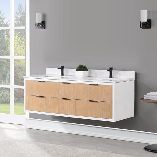 Dione 60" Double Bathroom Vanity in Weathered Pine with Carrara White Composite Stone Countertop without Mirror