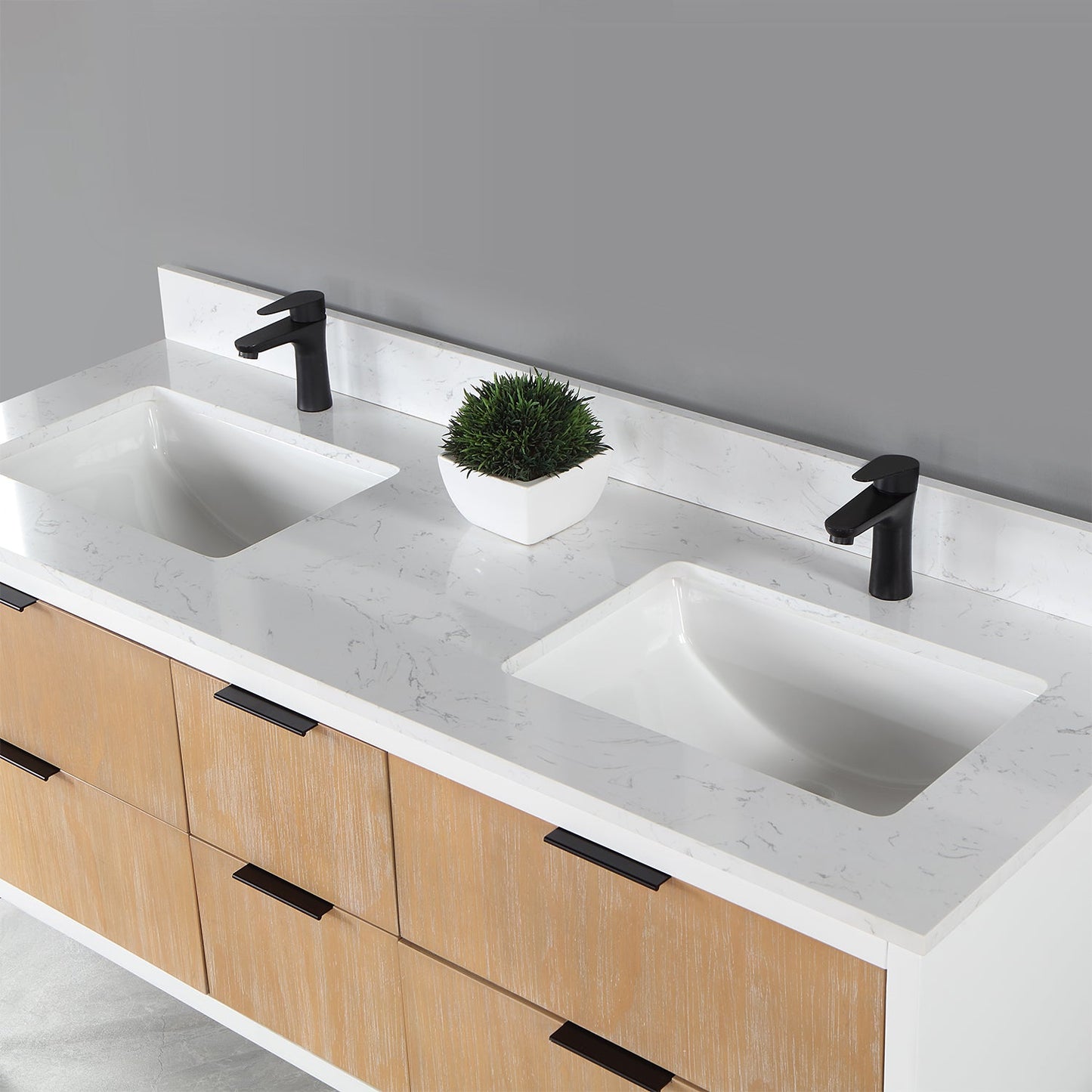 Dione 60" Double Bathroom Vanity in Weathered Pine with Carrara White Composite Stone Countertop without Mirror