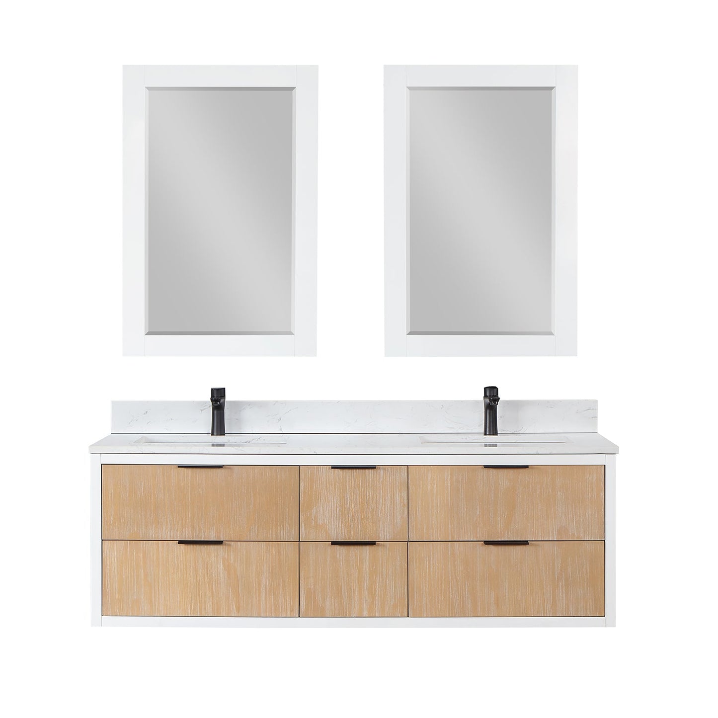 Dione 60" Double Bathroom Vanity in Weathered Pine with Carrara White Composite Stone Countertop with Mirror