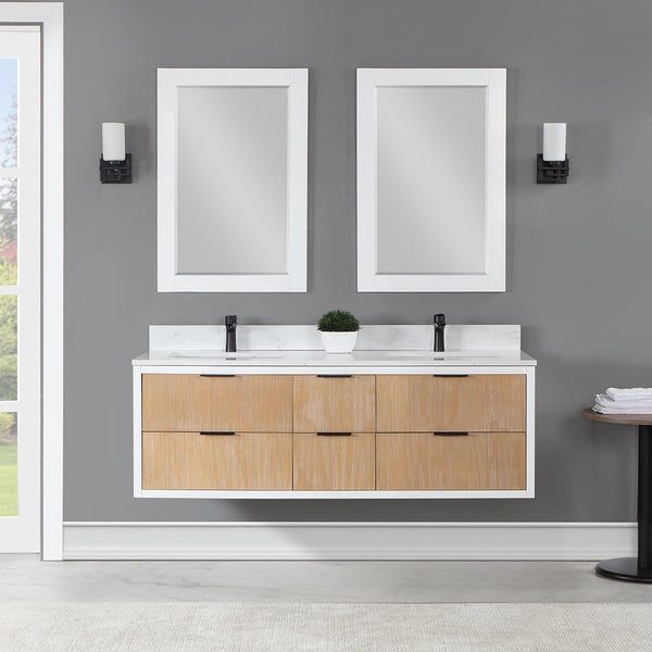 Dione 60 Double Bathroom Vanity in Weathered Pine with Carrara White Composite Stone Countertop with Mirror