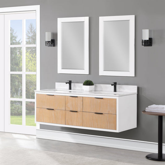 Dione 60" Double Bathroom Vanity in Weathered Pine with Carrara White Composite Stone Countertop with Mirror