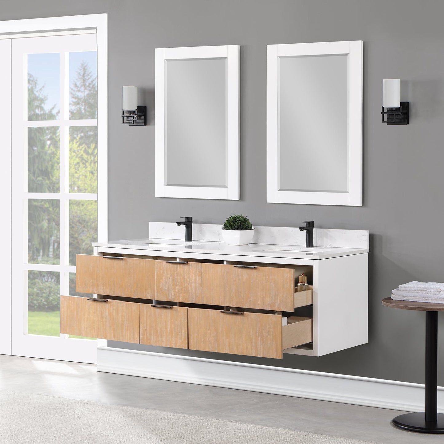 Dione 60" Double Bathroom Vanity in Weathered Pine with Carrara White Composite Stone Countertop with Mirror