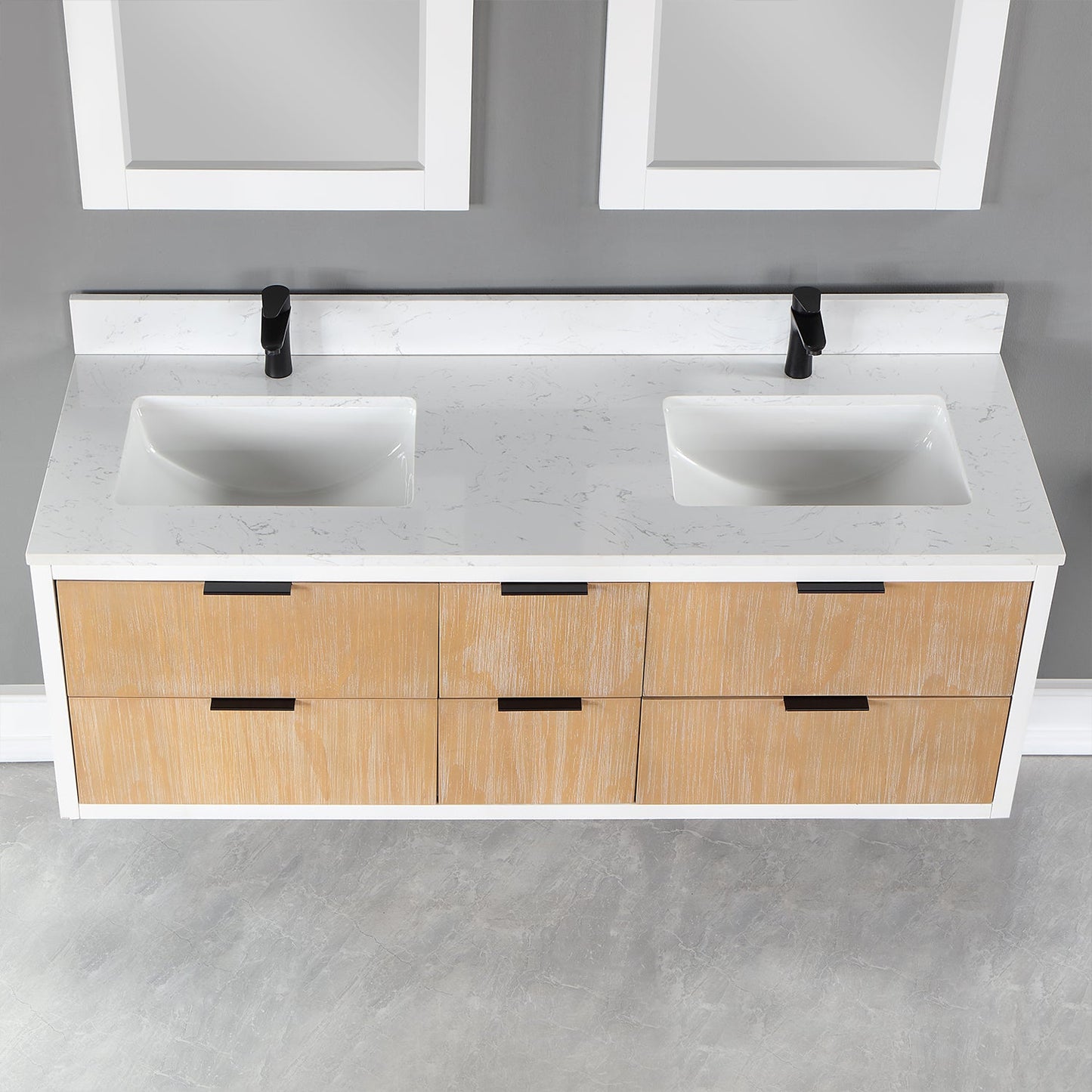 Dione 60" Double Bathroom Vanity in Weathered Pine with Carrara White Composite Stone Countertop with Mirror