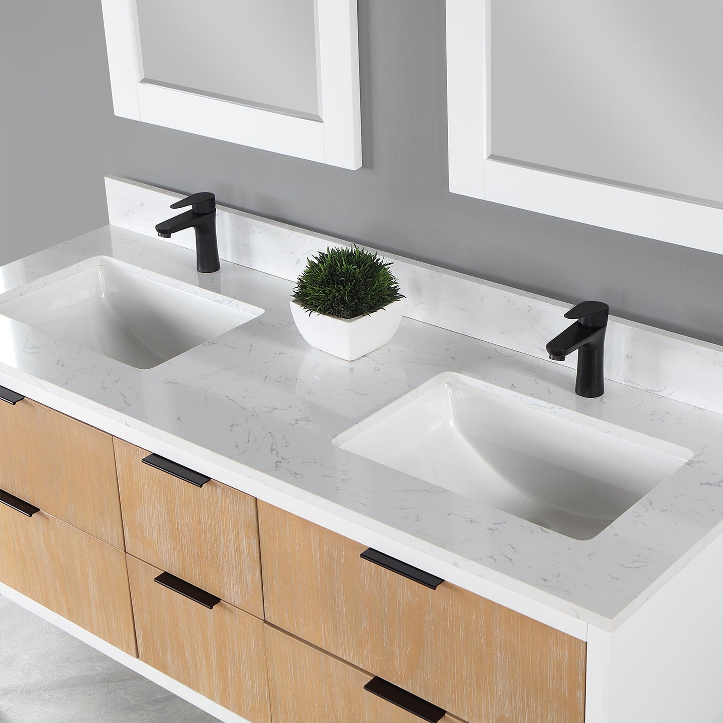 Dione 60" Double Bathroom Vanity in Weathered Pine with Carrara White Composite Stone Countertop with Mirror