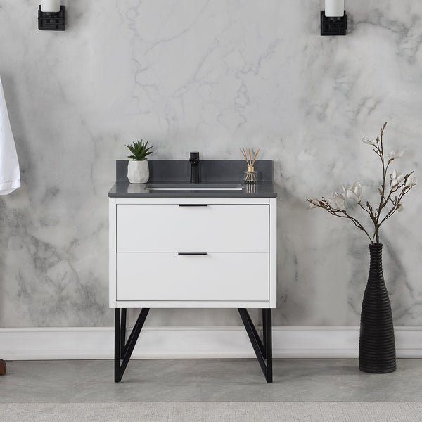 Helios 30 Single Bathroom Vanity in White with Concrete Gray Composite Stone Countertop without Mirror
