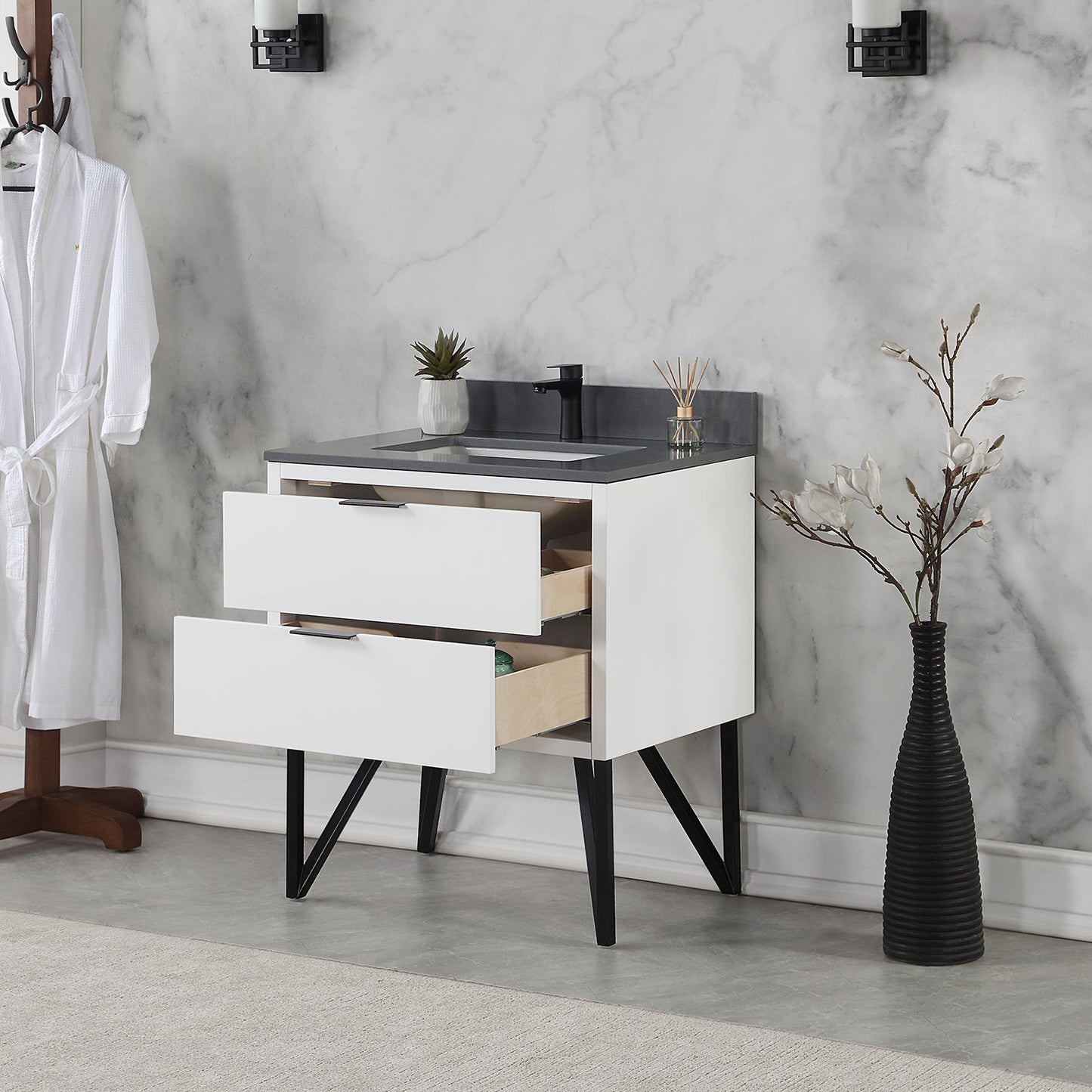 Helios 30" Single Bathroom Vanity in White with Concrete Gray Composite Stone Countertop without Mirror
