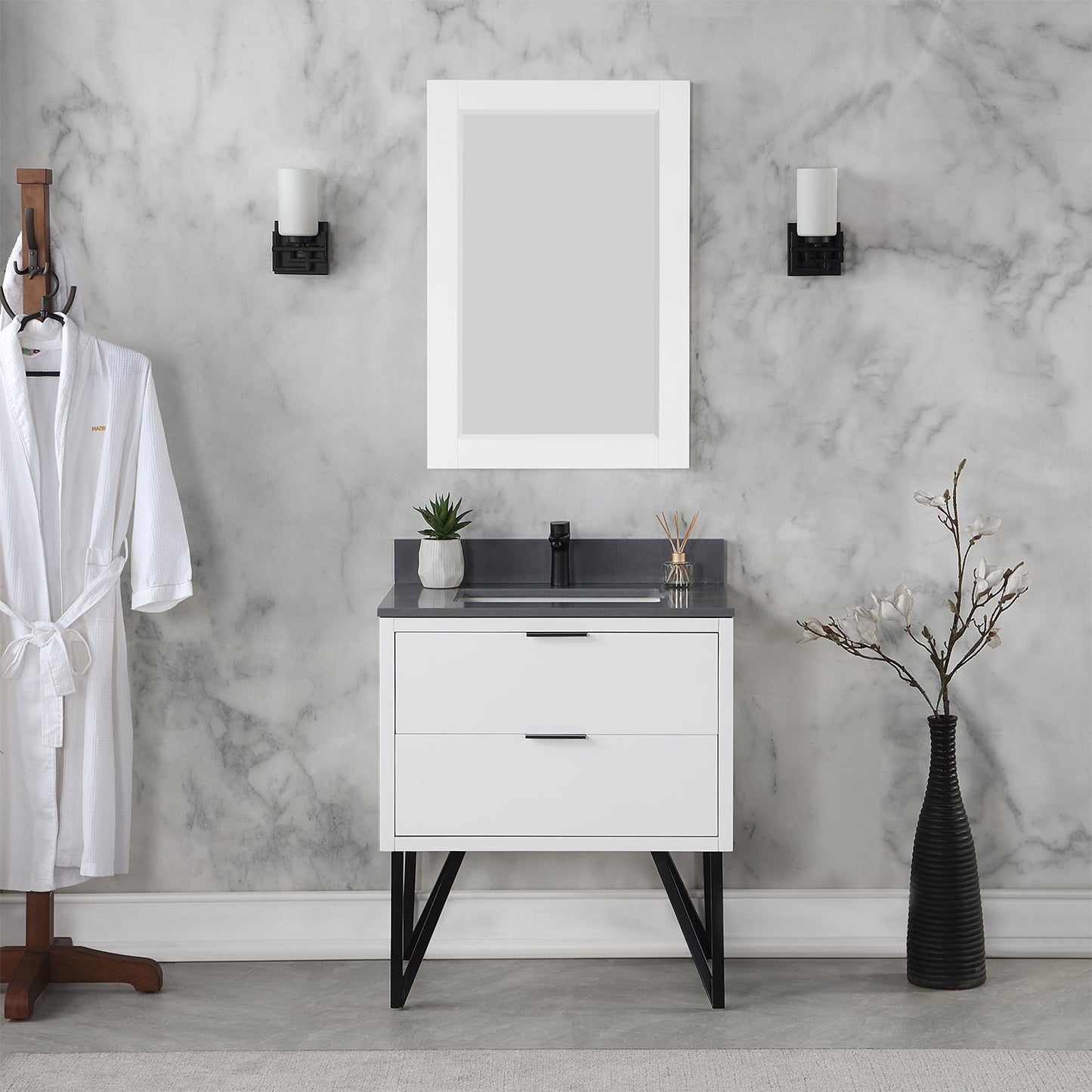 Helios 30" Single Bathroom Vanity in White with Concrete Gray Composite Stone Countertop with Mirror