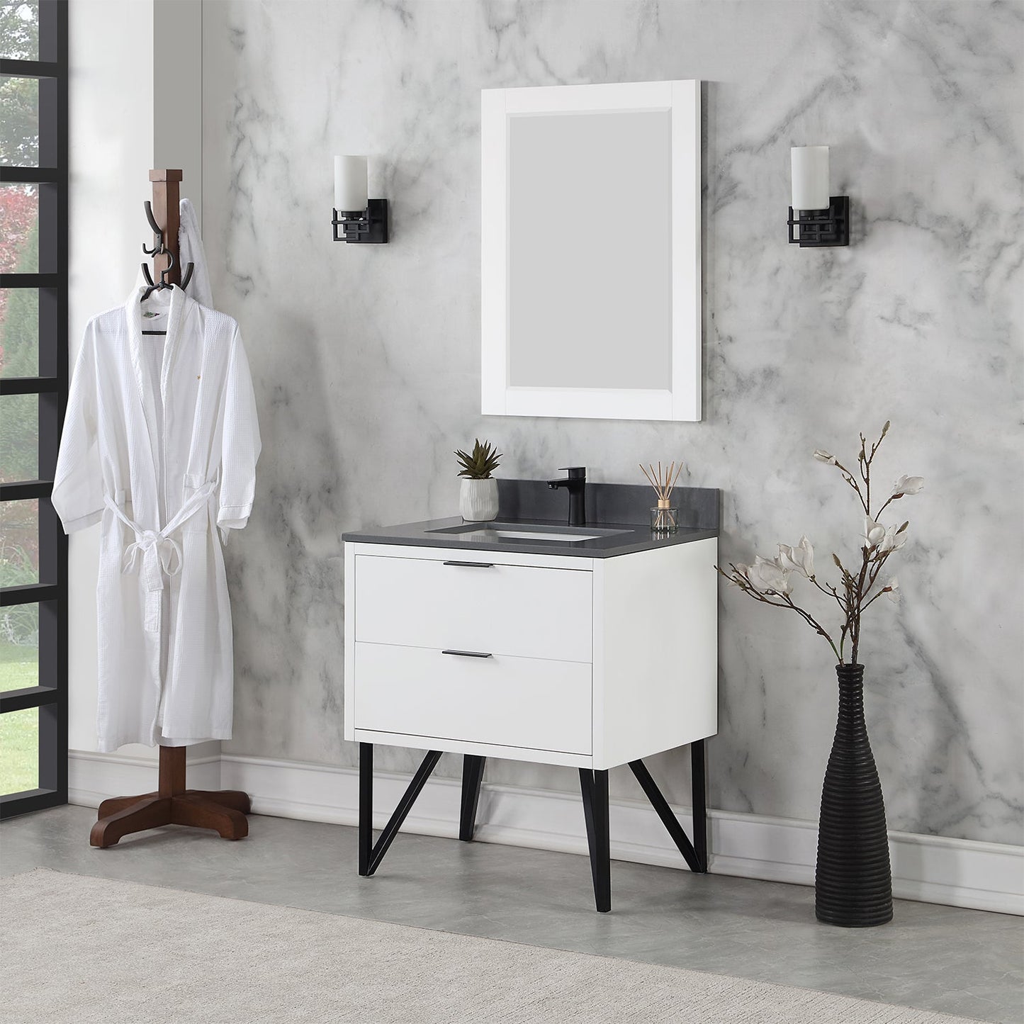 Helios 30" Single Bathroom Vanity in White with Concrete Gray Composite Stone Countertop with Mirror