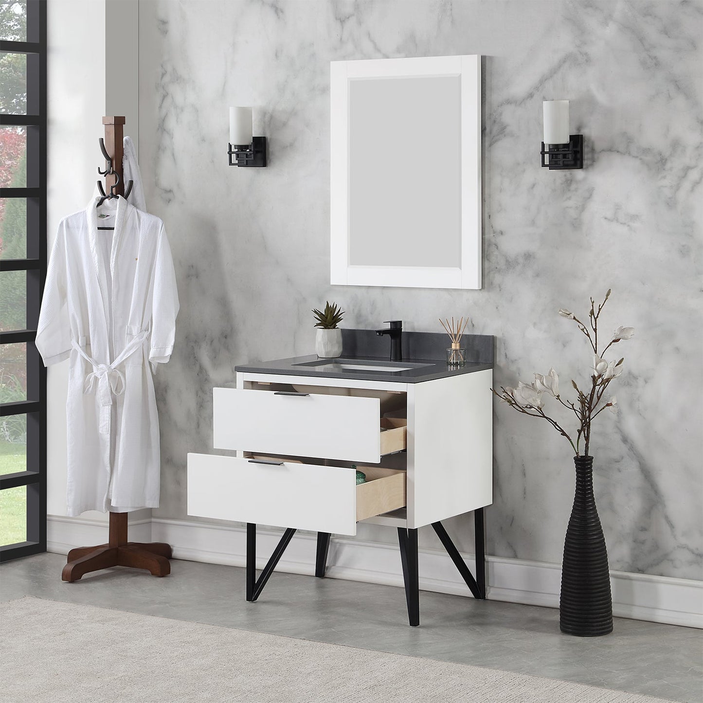 Helios 30" Single Bathroom Vanity in White with Concrete Gray Composite Stone Countertop with Mirror