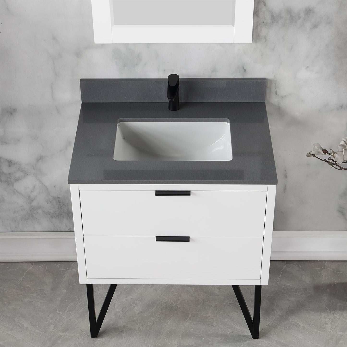 Helios 30" Single Bathroom Vanity in White with Concrete Gray Composite Stone Countertop with Mirror