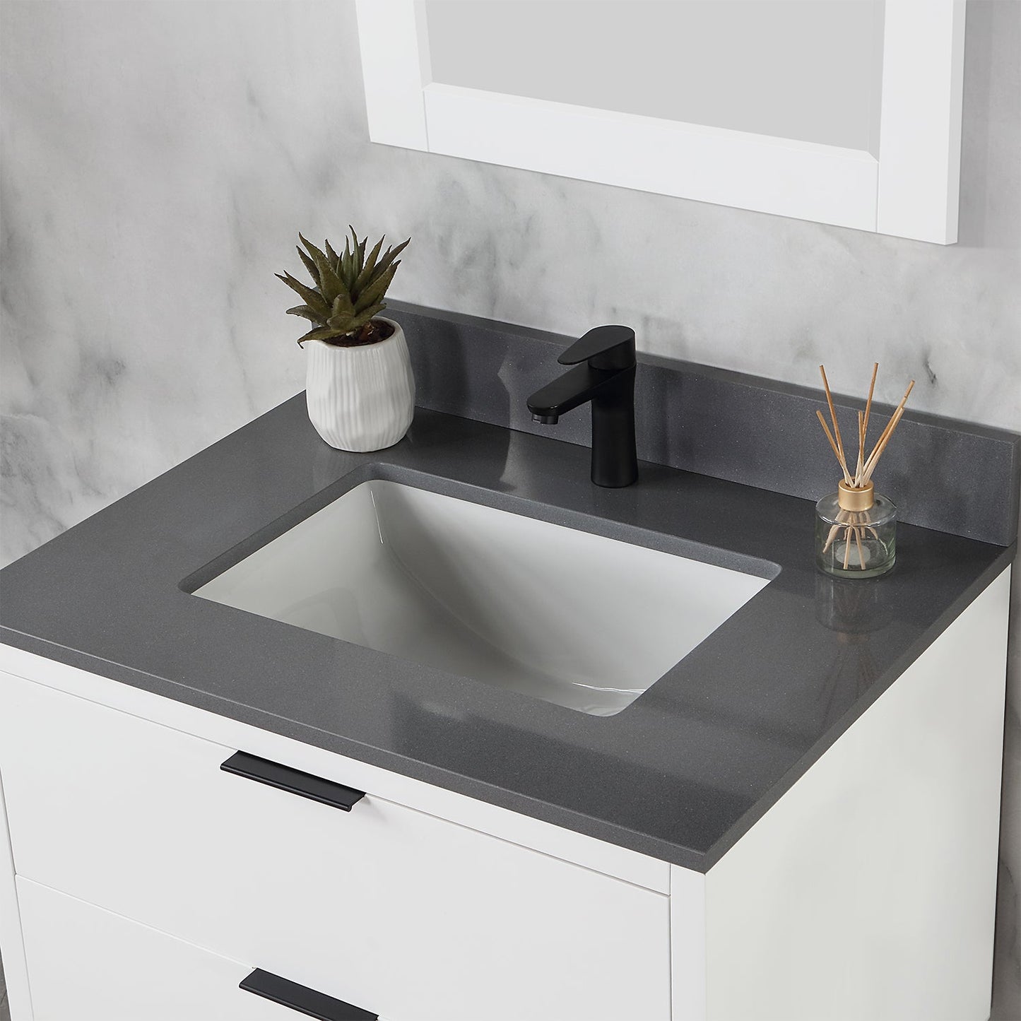 Helios 30" Single Bathroom Vanity in White with Concrete Gray Composite Stone Countertop with Mirror