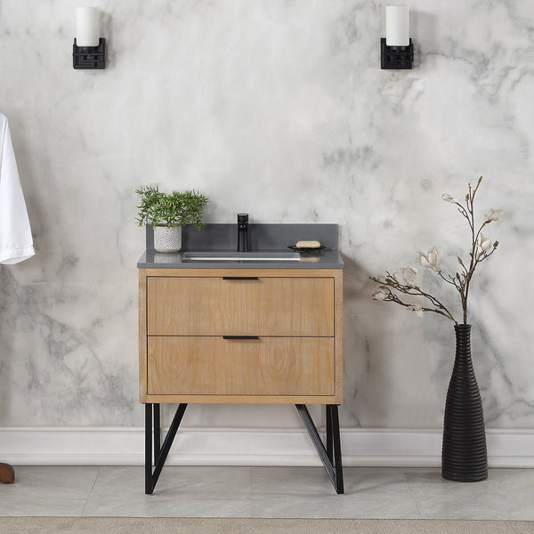Helios 30 Single Bathroom Vanity in Weathered Pine with Carrara White Composite Stone Countertop without Mirror