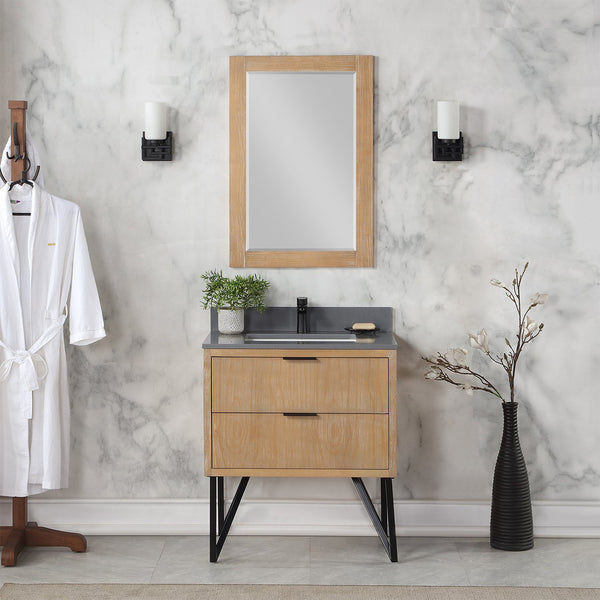 Helios 30 Single Bathroom Vanity in Weathered Pine with Carrara White Composite Stone Countertop with Mirror