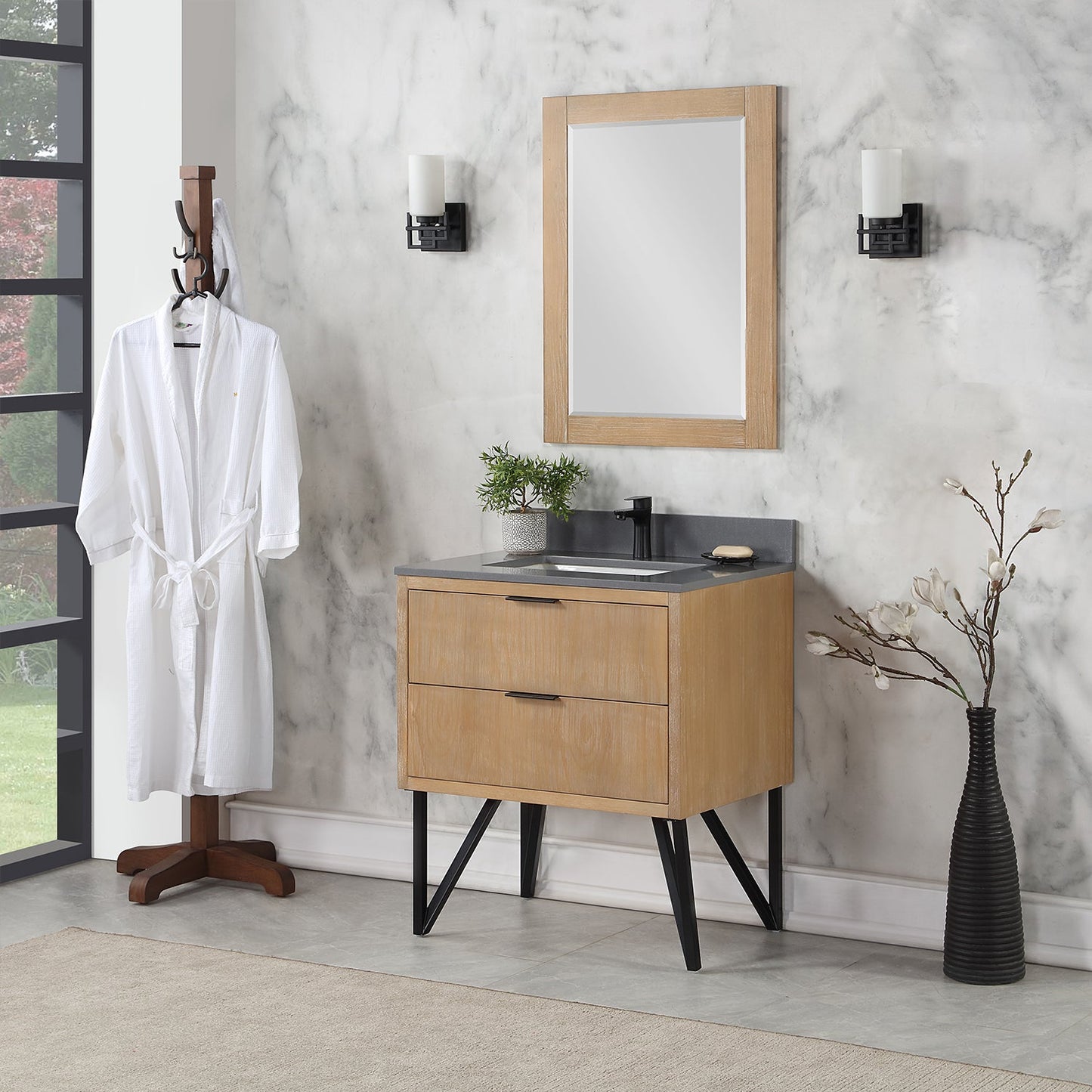 Helios 30" Single Bathroom Vanity in Weathered Pine with Carrara White Composite Stone Countertop with Mirror