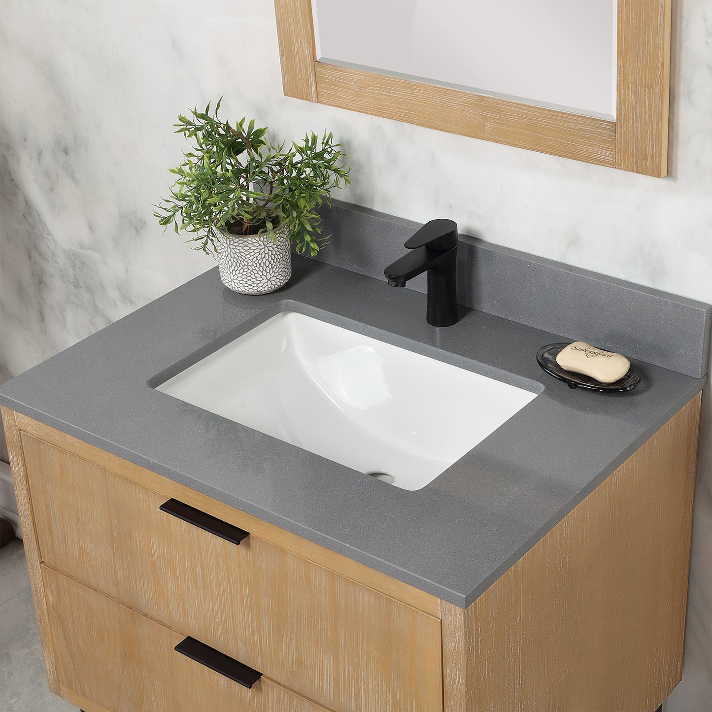 Helios 30" Single Bathroom Vanity in Weathered Pine with Carrara White Composite Stone Countertop with Mirror