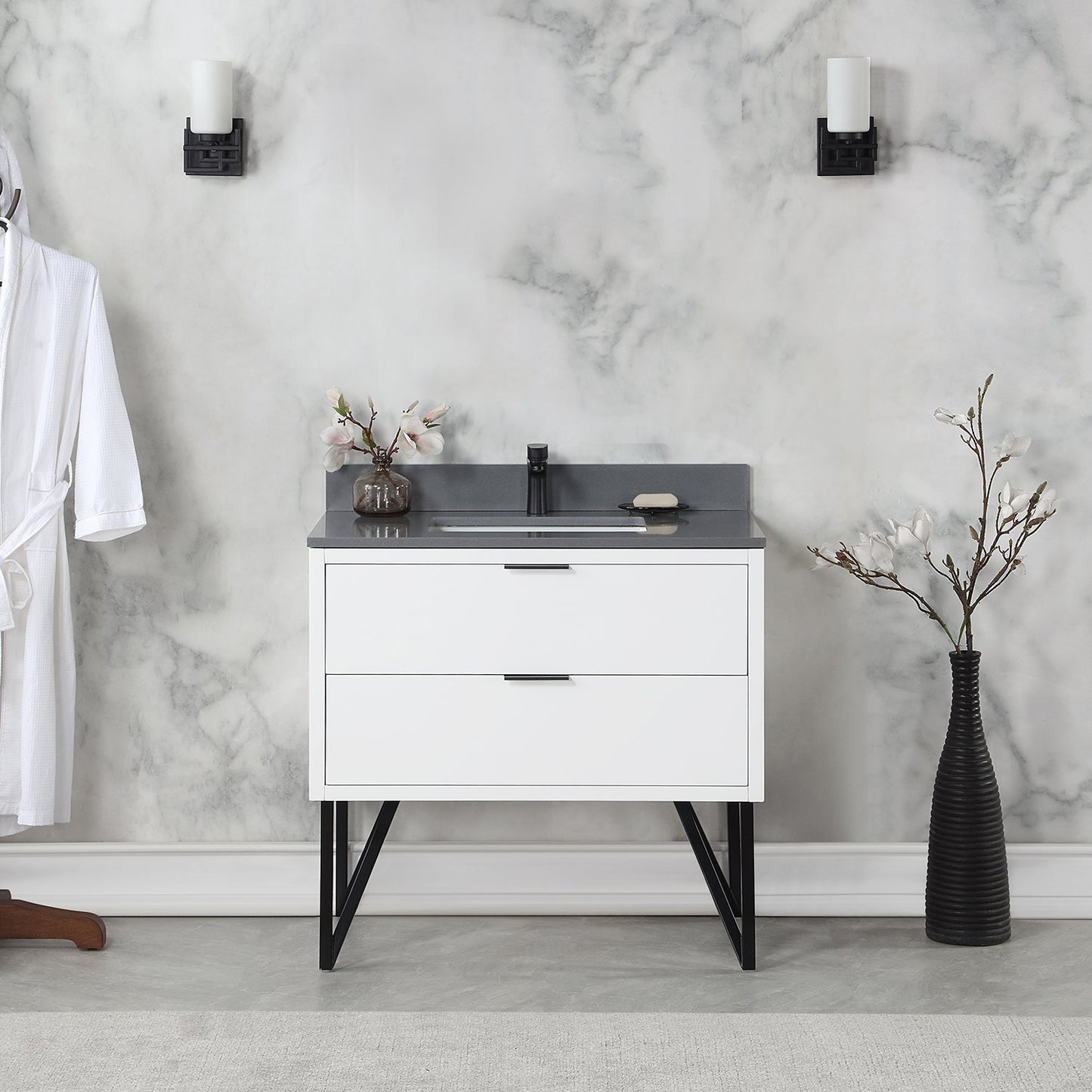 Helios 36" Single Bathroom Vanity in White with Concrete Gray Composite Stone Countertop without Mirror