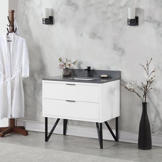 Helios 36" Single Bathroom Vanity in White with Concrete Gray Composite Stone Countertop without Mirror