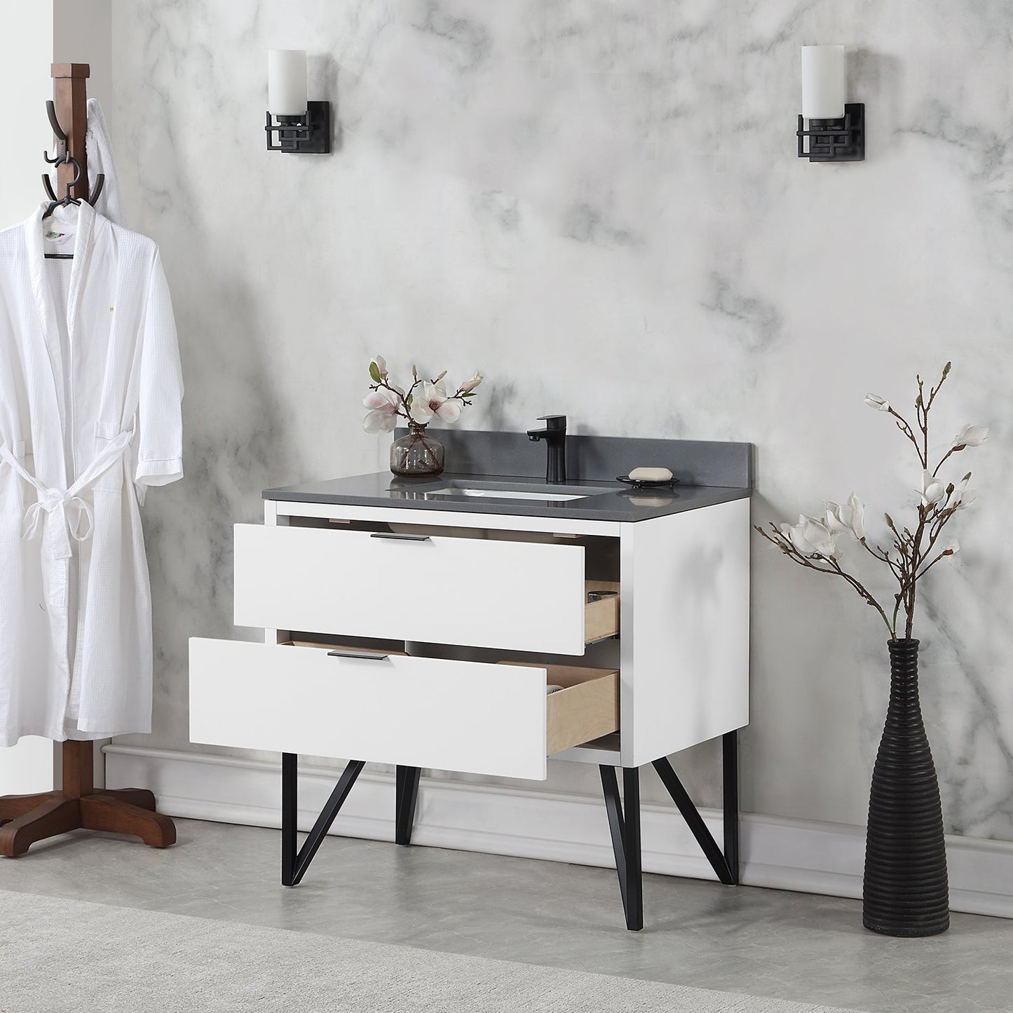 Helios 36" Single Bathroom Vanity in White with Concrete Gray Composite Stone Countertop without Mirror