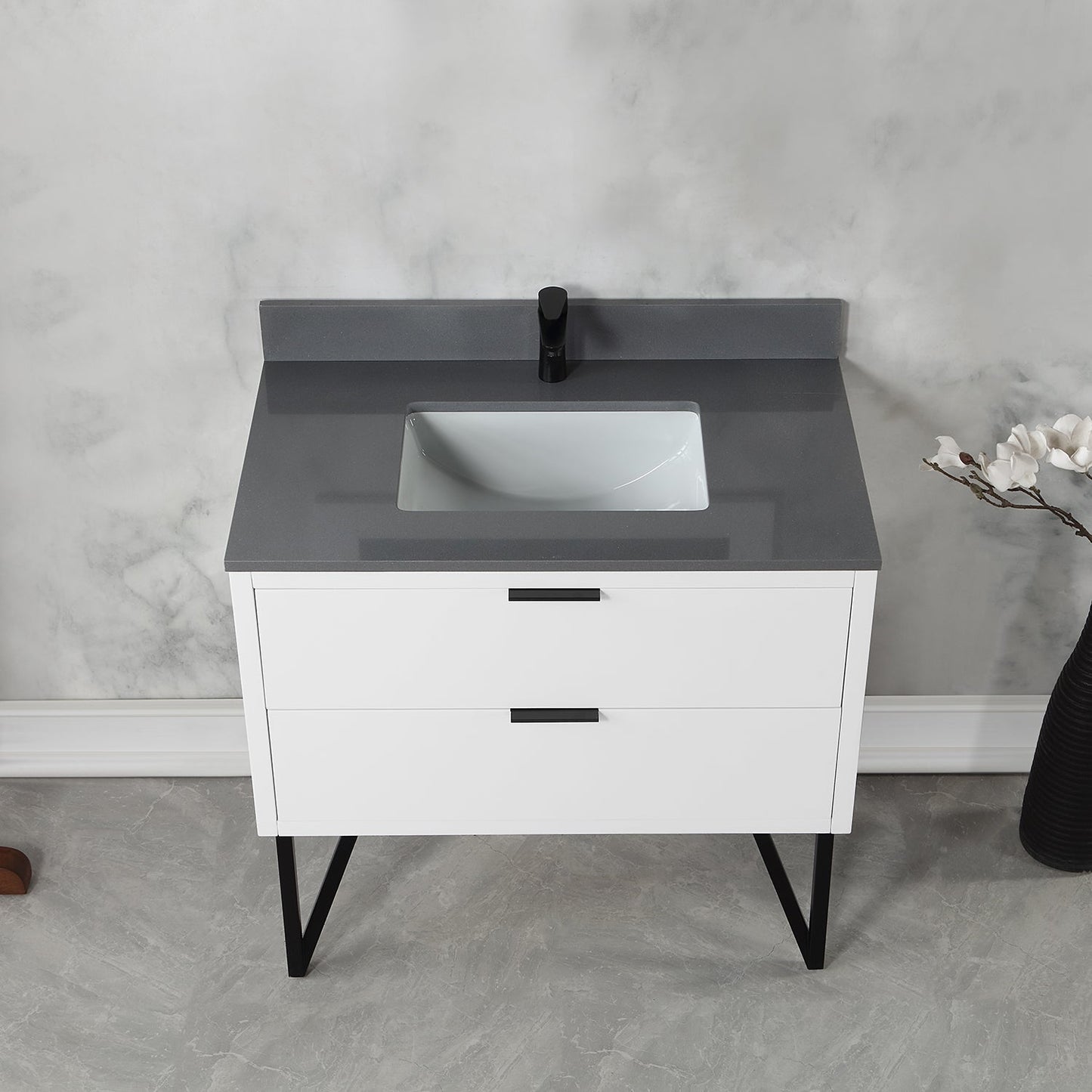 Helios 36" Single Bathroom Vanity in White with Concrete Gray Composite Stone Countertop without Mirror