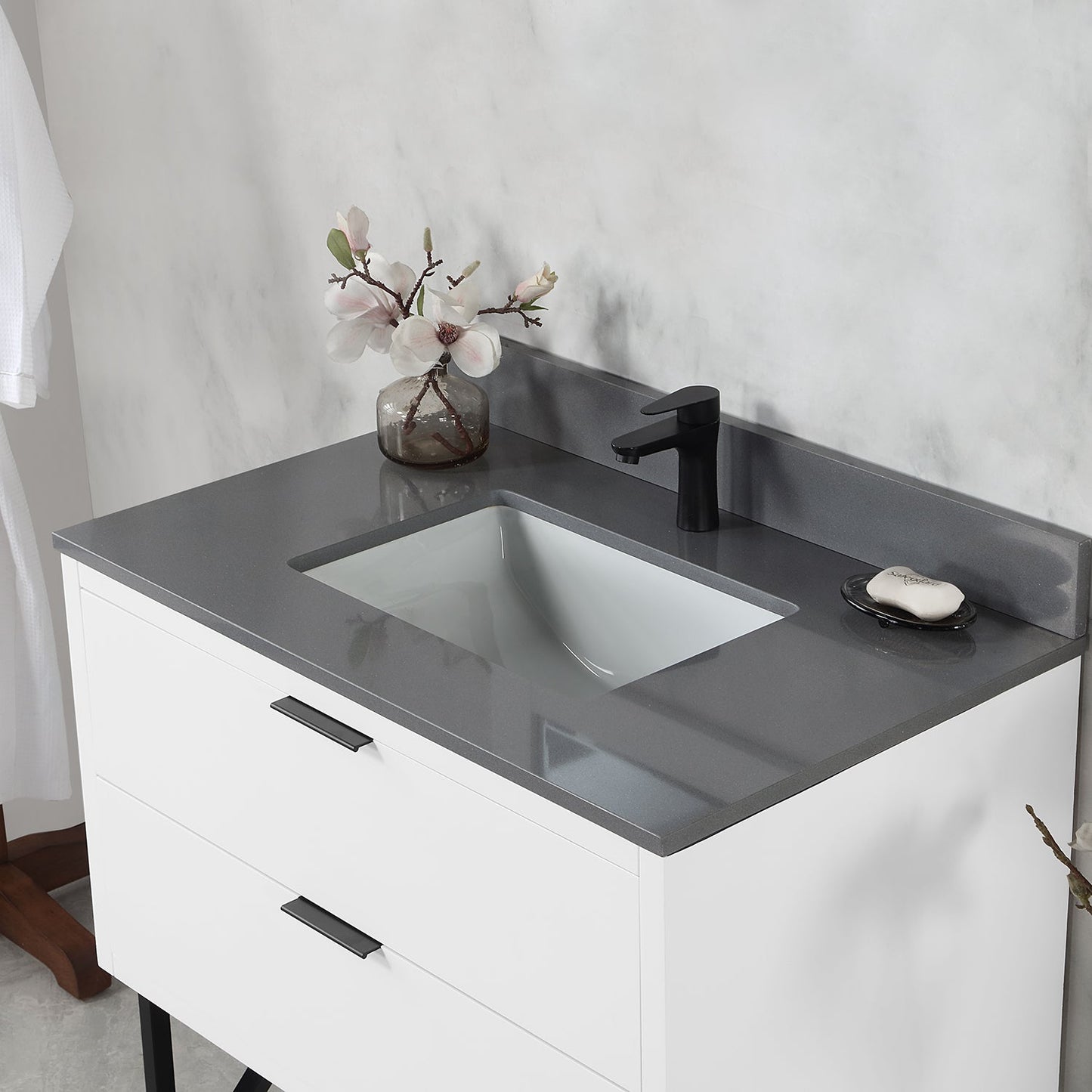 Helios 36" Single Bathroom Vanity in White with Concrete Gray Composite Stone Countertop without Mirror