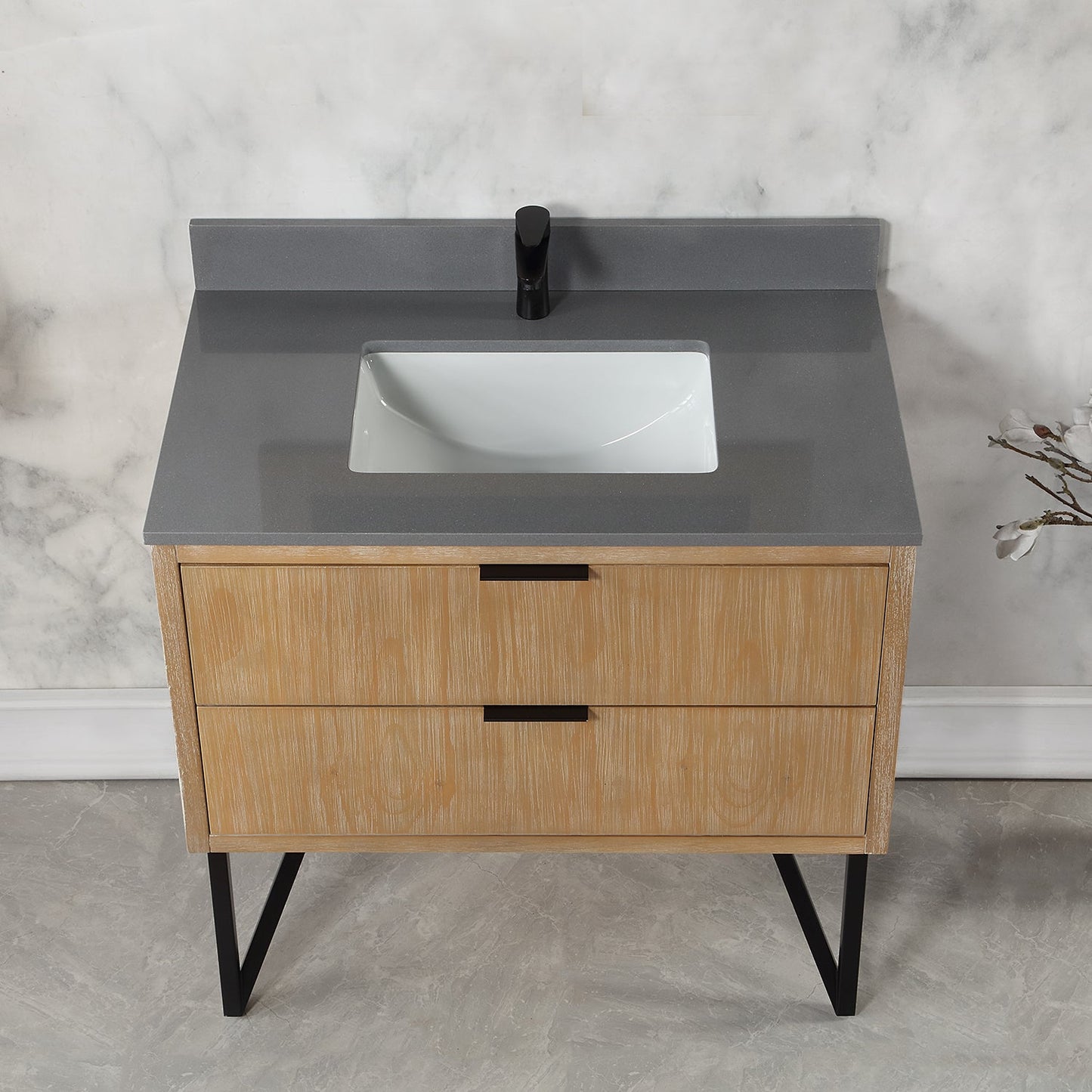 Helios 36" Single Bathroom Vanity in Weathered Pine with Carrara White Composite Stone Countertop without Mirror