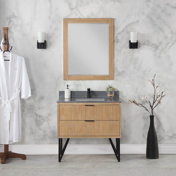 Helios 36 Single Bathroom Vanity in Weathered Pine with Carrara White Composite Stone Countertop with Mirror